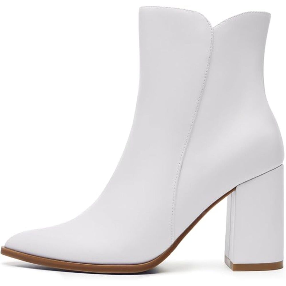 Women's White Fashion Pointed Toe Chunky Block Heel Side Zipper Short Ankle Boot - Picture 3 of 5